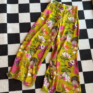Trina Turk Silk Floral Wide Leg Pants Women's Small Colorful Green Pink Lined